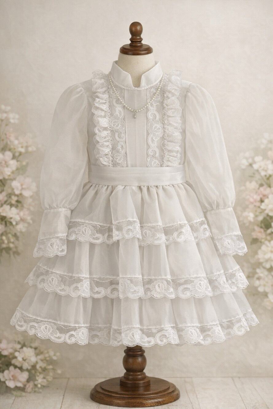 VTG 80s Girls Communion Dress 8 White Sheer Sleeves Lace Ruffles Pearl Necklace